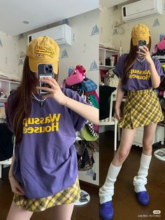Person in a yellow cap and plaid skirt taking a mirror selfie indoors