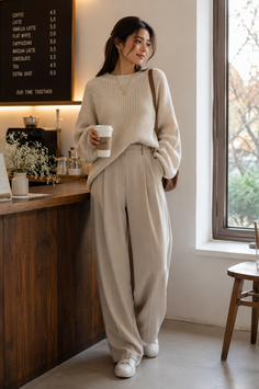 Woman in a knitted sweater and wide leg pants holding a coffee cup in a cafe