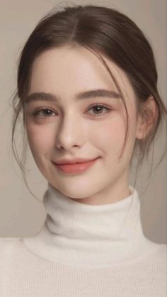 Woman with brown hair wearing a white turtleneck, smiling softly