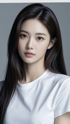 Woman with long black hair wearing a white t-shirt in a studio setting