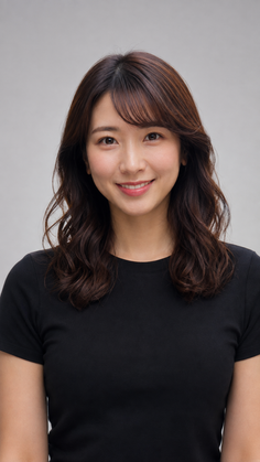 Woman with long wavy hair and a black t-shirt smiling at the camera