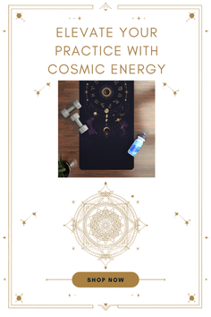 Yoga mat with cosmic design, dumbbells, and a water bottle on a wooden floor