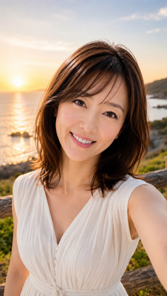 Woman in a white dress smiling at sunset by the ocean