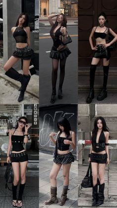 Multiple women in various black outfits and boots on a street