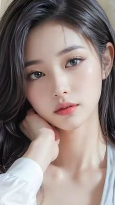 Realistic portrait of a woman with long black hair and light makeup