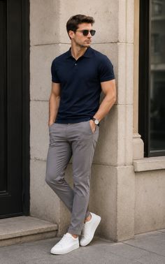 Man in a navy polo shirt and grey pants leaning against a building