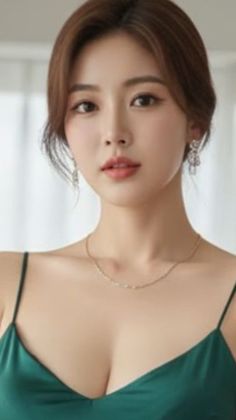 Woman with an updo wearing a green dress and jewelry, showing cleavage