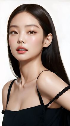 Woman with long black hair wearing a black top with an exposed shoulder