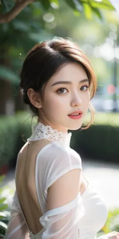 Woman in a white dress with an open back and lace collar outdoors