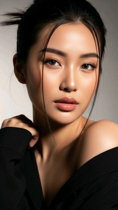 Woman with black hair and an off-shoulder top in a studio portrait