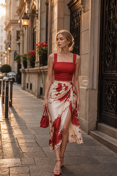Woman in a red crop top and a patterned wrap skirt walking on a city street