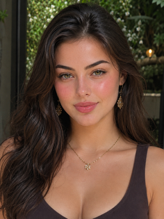 Woman with long brown hair and green eyes wearing a necklace and earrings