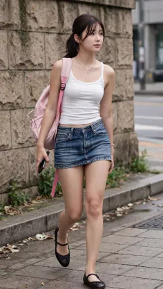 Woman in a white tank top and denim skirt walking on a street