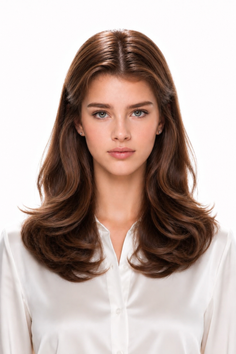 Woman with long brown hair wearing a white shirt in a studio portrait