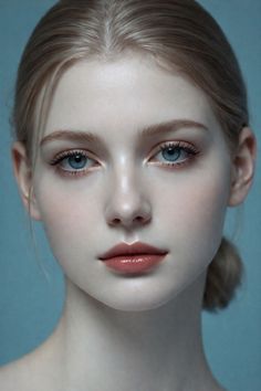 Close-up portrait of a woman with blonde hair and blue eyes against a blue background