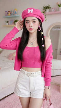 Woman in a pink beret and white shorts in a pink-themed room
