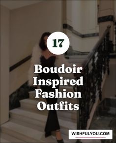 Woman in a black outfit and fluffy jacket on a staircase