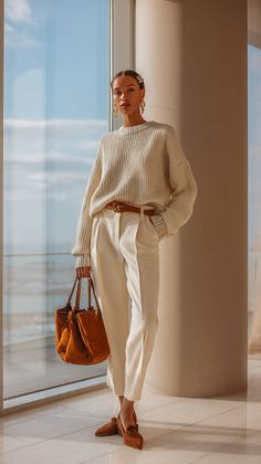 Woman in a white sweater and white pants holding a brown bag indoors