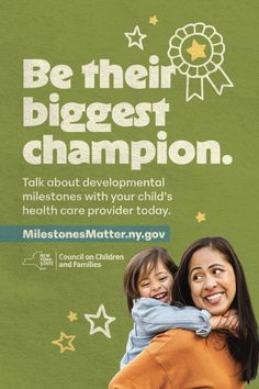 Mother and child smiling on a green background with text and star graphics