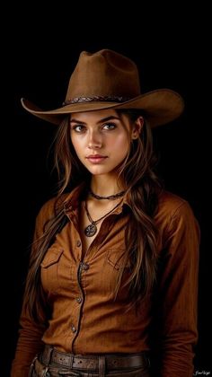 Woman in a brown cowboy hat and shirt with a choker and pendant