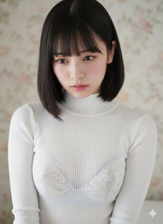 Woman in a white ribbed turtleneck with a visible lace bra