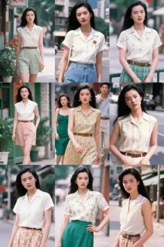 Collage of a woman in various outfits on a street during the daytime
