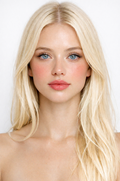 Blonde woman with blue eyes and pink blush looking directly at the camera