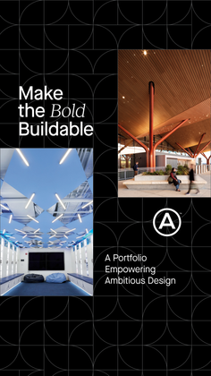 Collage of architectural images with text and a geometric background