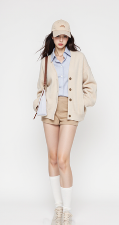 Woman in a baseball cap, cardigan, shorts, and knee-high socks posing in a studio