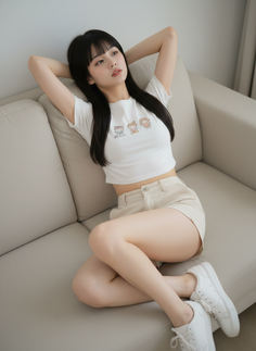 Woman with long black hair in a crop top and shorts relaxing on a couch