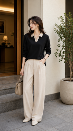 Woman with long hair in a black top and wide leg pants holding a handbag outdoors
