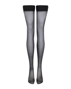 Pair of sheer black knee-high stockings on a white background