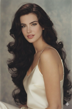 Woman with long dark wavy hair wearing a white camisole in a studio portrait