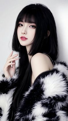 Woman with long black hair and bangs wearing a black and white fur coat