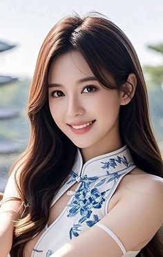Woman in a white and blue cheongsam smiling outdoors