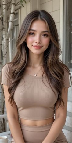 Woman with long brown hair wearing a beige crop top and necklace