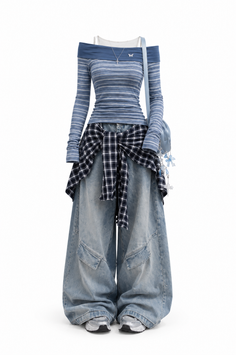 3D render of a casual outfit with a striped off-shoulder top and baggy jeans