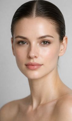 Woman with slicked back brown hair and natural makeup in a studio portrait