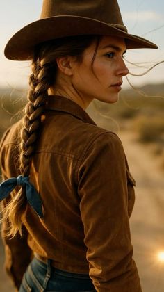 Woman in a cowboy hat and brown jacket with braided hair in a desert landscape