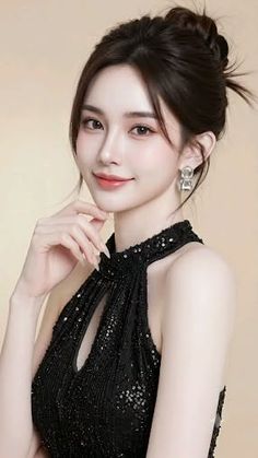 Woman in a black sequined dress with an updo and earrings