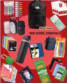 A collection of high school essential school supplies on a red background