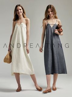 Two women in midi dresses with spaghetti straps and brown shoes in a studio