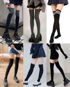 Multiple people wearing thigh-high socks with various outfits and platform shoes