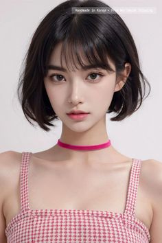 Woman with short dark hair and a pink choker against a light background