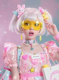 Anime-style girl with pink dress and yellow goggles holding shopping bags