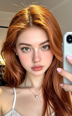Woman with red hair taking a selfie, wearing a white top and gold necklace