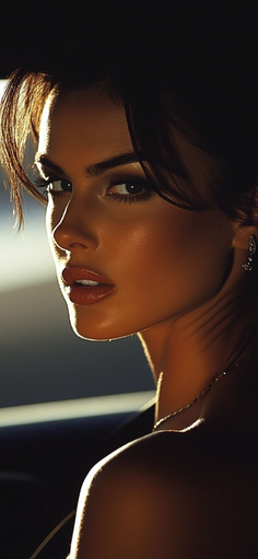 Woman with dark hair and jewelry in dramatic backlight