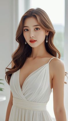 Woman with long brown hair wearing a white dress with a deep V-neckline