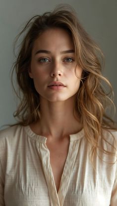 Woman with long wavy light brown hair and green eyes in a soft-lit portrait
