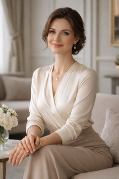 Woman in an elegant cream blouse and skirt, seated indoors